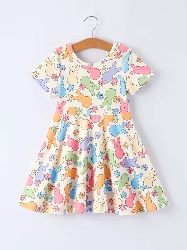 Easter Colorful Bunny Girls Twirl Short-sleeved Dress