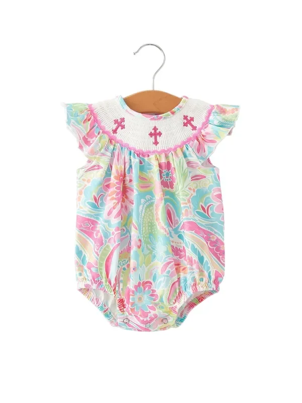Easter Cross Smocking Embroidery Baby Girl Romper
