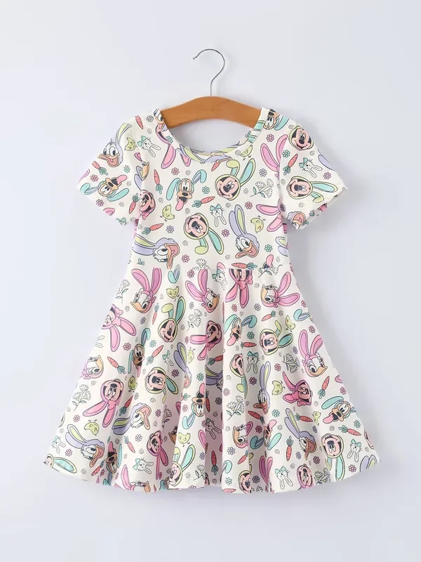 Easter Pastel Character Pattern Short Sleeve Girls Dress