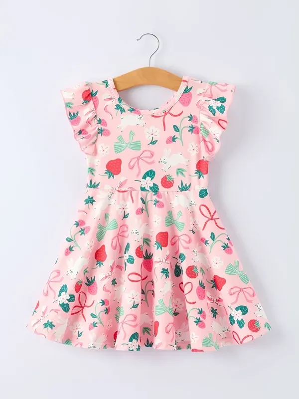 Easter Strawberry Bunny Bow Print Girls’ Dress