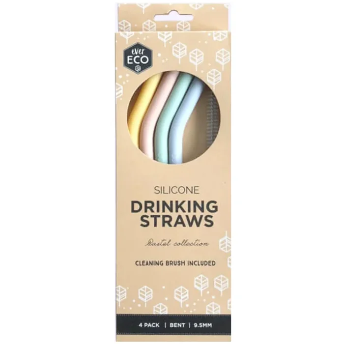 Ever Eco Silicone Straws & Cleaning Brush – Bent (4 Pack)