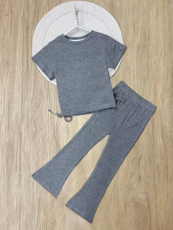 Everyday Stretch Grey Side-Ruched Tee & Flare Pant Set