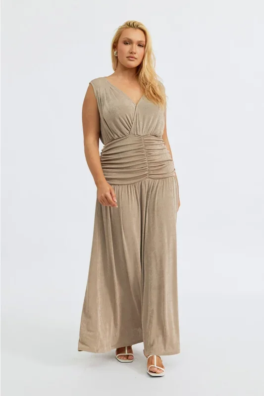 Evette Ruched Wrap-Front Maxi Dress – Champagne