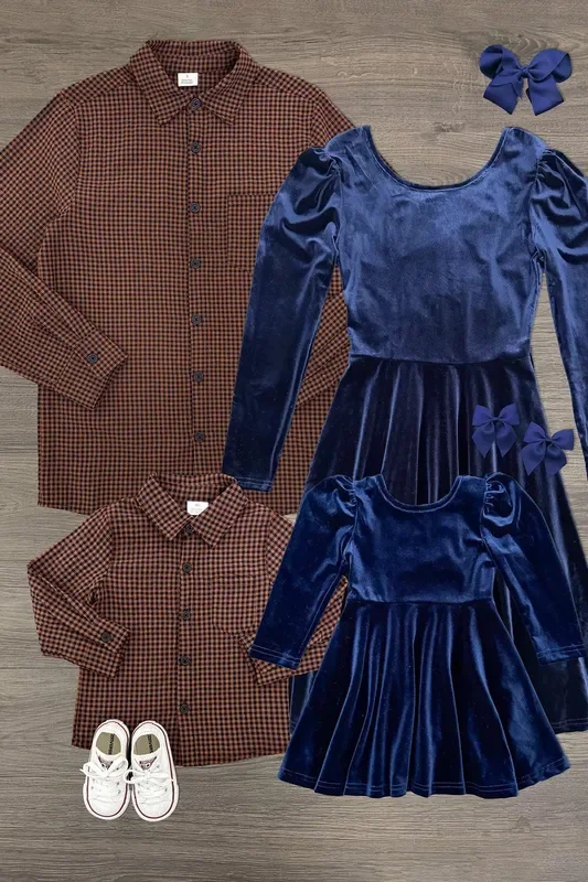Family Navy Velvet Dress & Brown Gingham Button Down