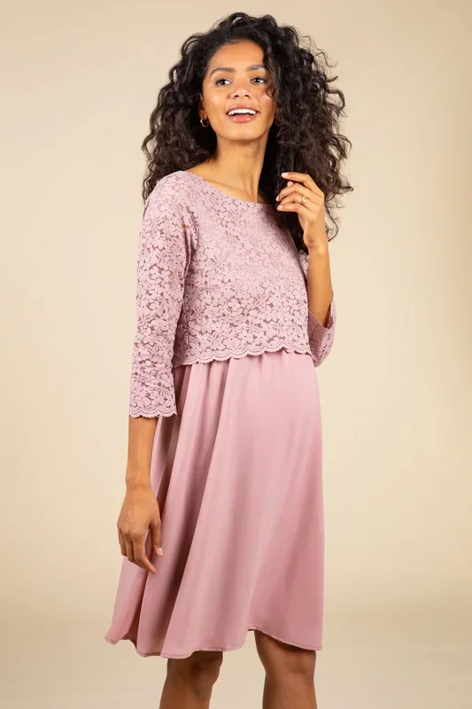 Festive maternity and nursing dress with 3/4 sleeves, pink