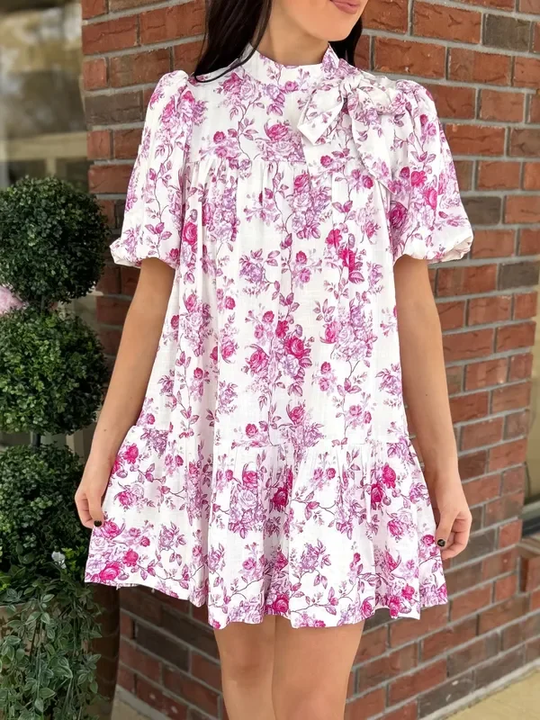 Floral Print Puffed Sleeves Accent Bow Dress
