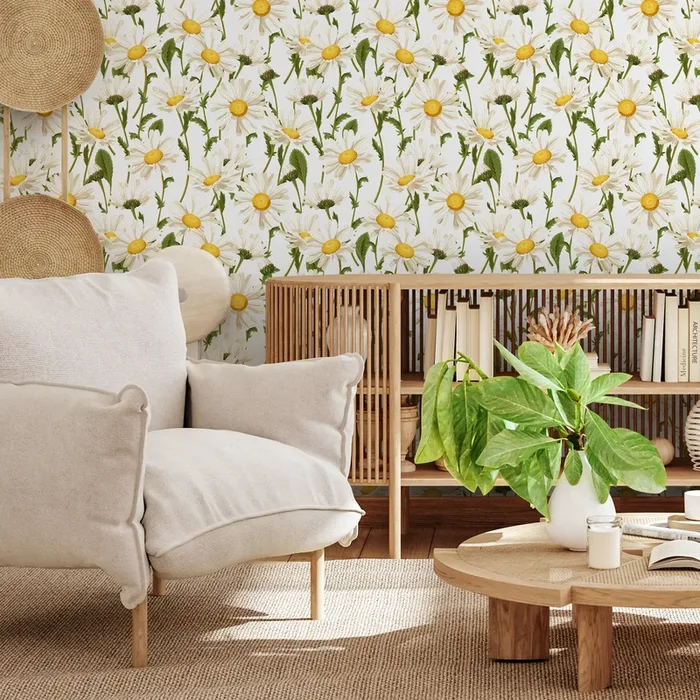 Floral Wallpaper Featuring A Classic Daisy Pattern In White, Yellow, And Green – A209
