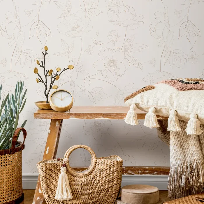 Floral Wallpaper Featuring A Delicate Peony Line Art In Beige And Tan – Zabp