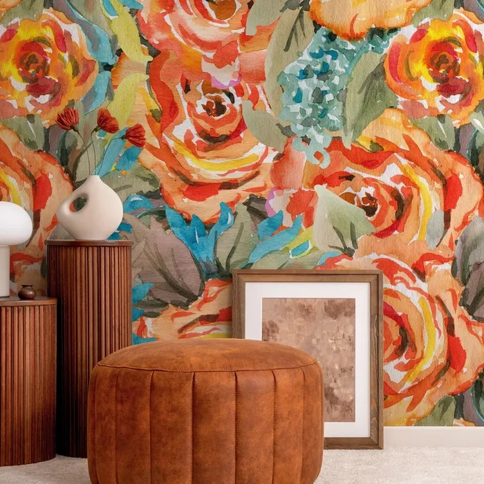 Floral Wallpaper Featuring Abstract Watercolor Roses In Orange, Yellow, And Blue – A103