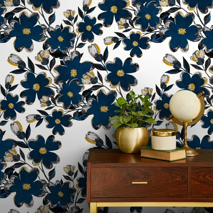 Floral Wallpaper Featuring Bold Flowers In Blue, Gold, And Black – A933