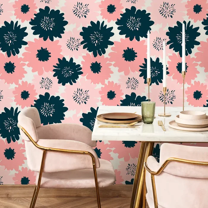 Floral Wallpaper Featuring Bold Graphic Blooms In Navy Blue And Pink – B373