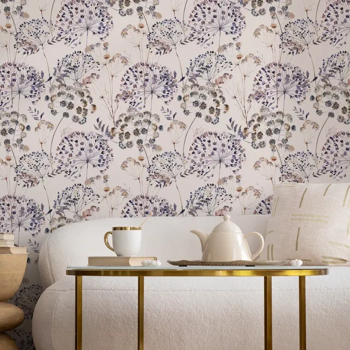 Floral Wallpaper Featuring Dandelion And Wildflower Motifs In Purple And Brown – C820