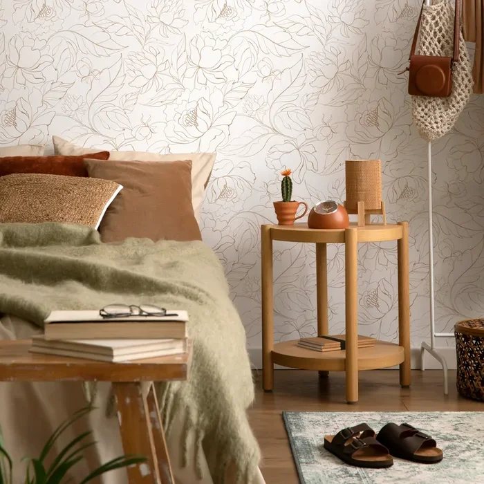 Floral Wallpaper Featuring Delicate Line Art Peonies In Tan – Zabo