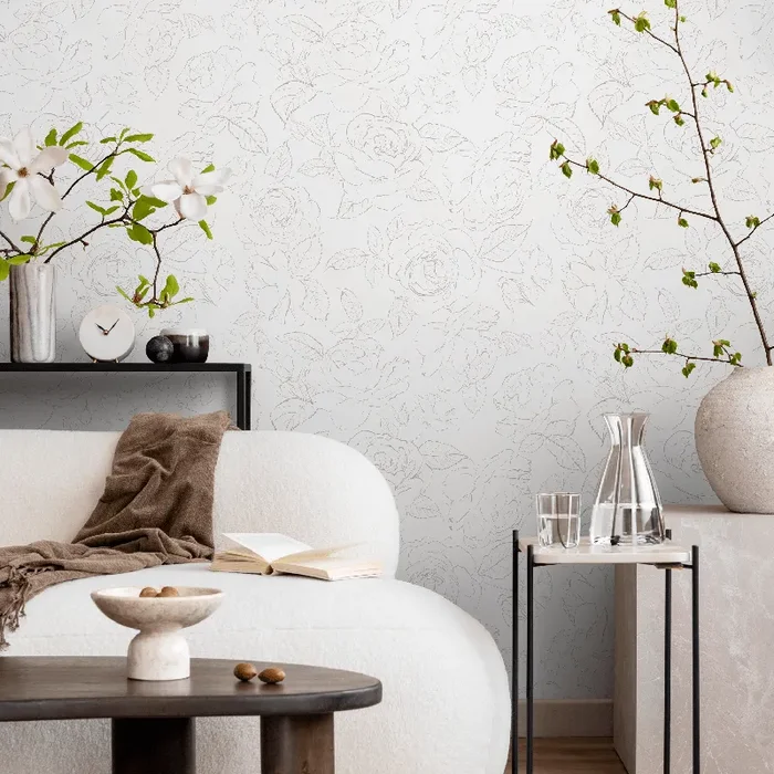 Floral Wallpaper Featuring Minimalist Line Art Peonies In Beige – Zaec