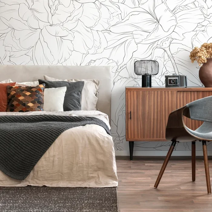 Floral Wallpaper Featuring Minimalist Peony Outlines In Black And White – Zadt