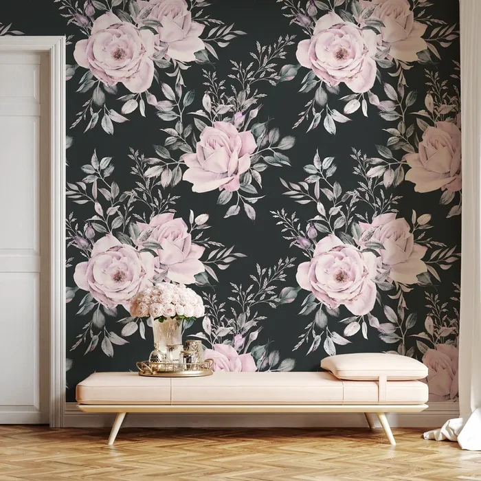 Floral Wallpaper Featuring Romantic Rose Bouquets In Pink, Green, And Black – B224