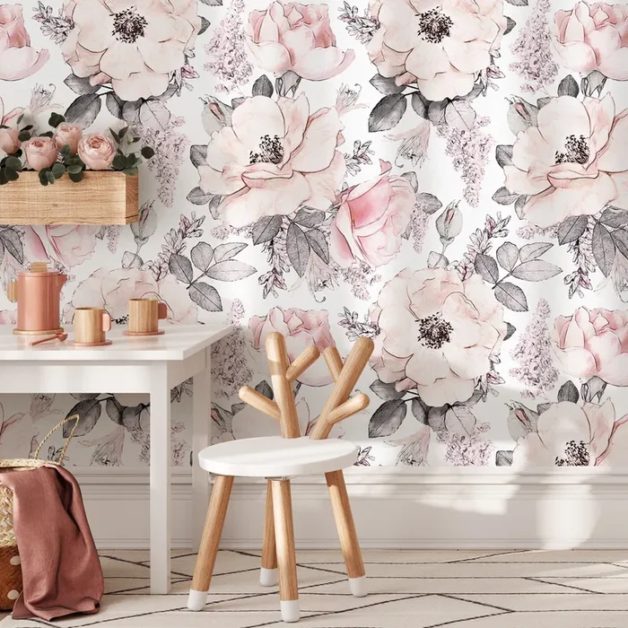 Floral Wallpaper Featuring Sketched Roses In Pink And Gray – A068