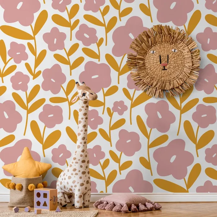 Floral Wallpaper Featuring Stylized Flowers In Pink And Yellow – C476
