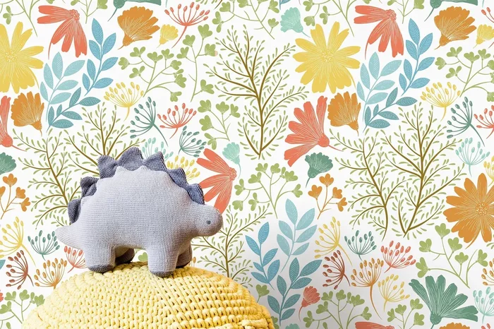 Floral Wallpaper Featuring Stylized Wildflowers In Orange, Yellow, And Blue – D132