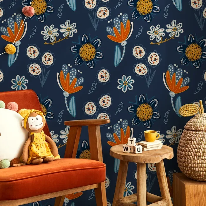 Floral Wallpaper Featuring Whimsical Blooms In Navy And Orange – B840