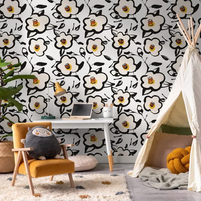 Floral Wallpaper With A Bold Brushstroke Motif In Black And Yellow – C164