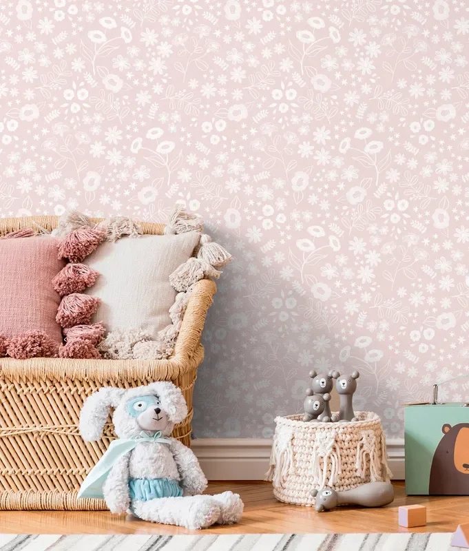 Floral Wallpaper With A Dainty Wildflower Motif In Pink And White – X097