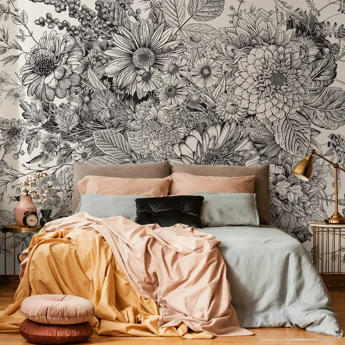 Floral Wallpaper With A Detailed Botanical Sketch In Black And White – C056