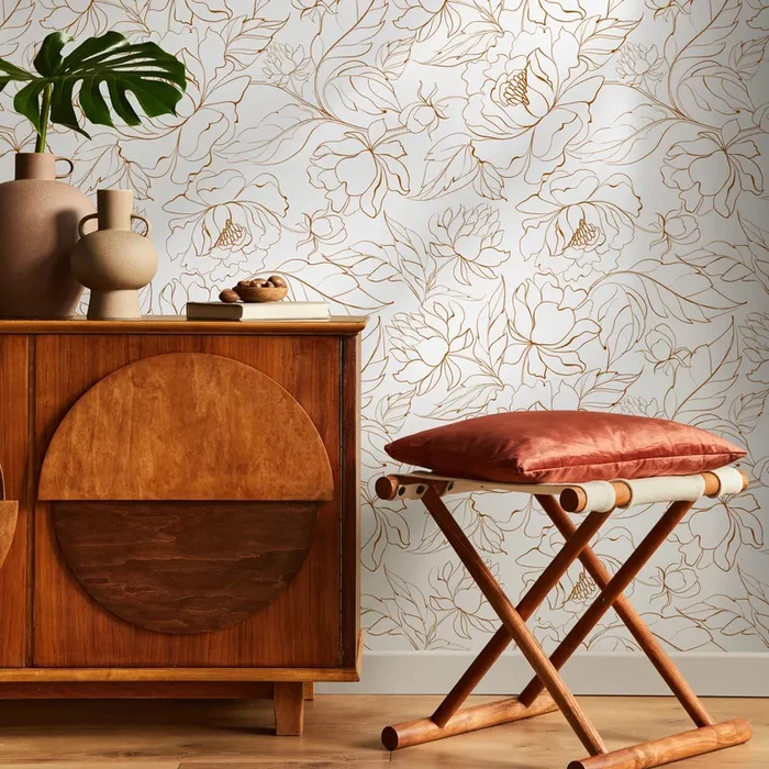 Floral Wallpaper With A Minimalist Peony Line Art Motif In Brown – Zabm