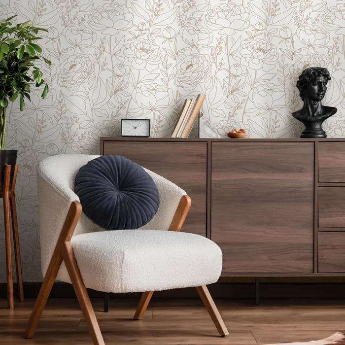 Floral Wallpaper With A Minimalist Peony Motif In Beige – Zabv