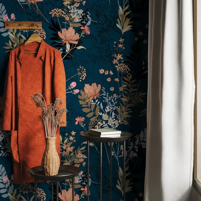 Floral Wallpaper With A Moody Wildflower Motif In Dark Teal, Pink, And Tan – A572