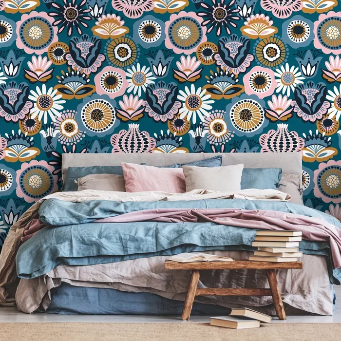 Floral Wallpaper With A Scandinavian Folk Art Motif In Teal, Pink, And Ochre – A785