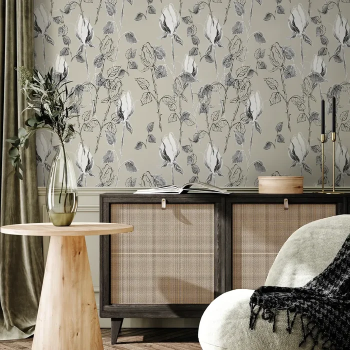 Floral Wallpaper With A Sketch Style Rose Motif In Beige And Black – B593
