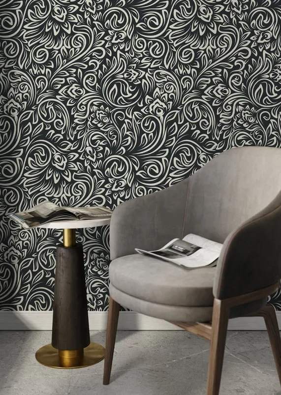 Floral Wallpaper With A Stylized Damask Motif In Black And Cream – D158