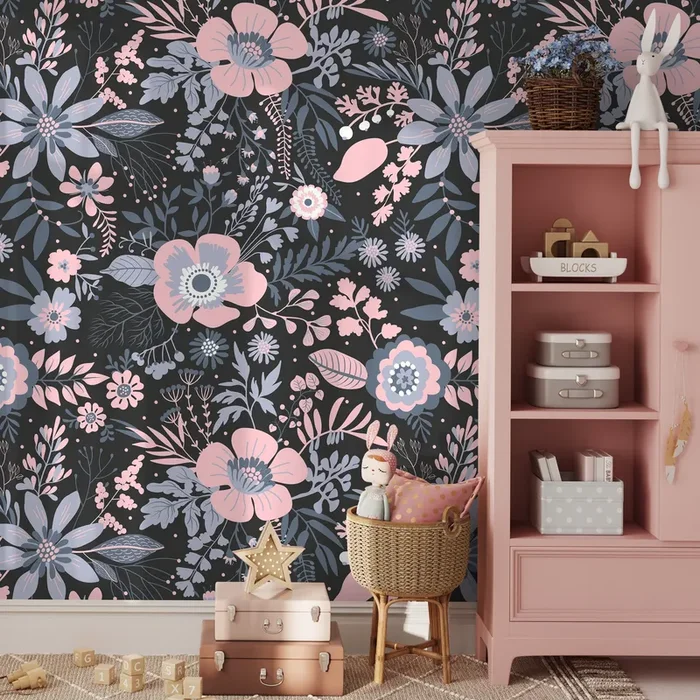 Floral Wallpaper With A Stylized Folk Motif In Pink, Blue, And Black – A560