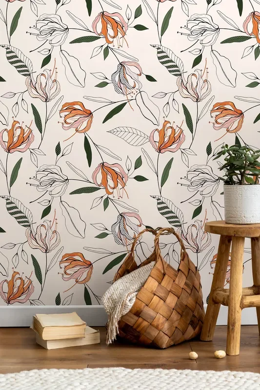 Floral Wallpaper With A Stylized Lily Motif In Orange, Pink, And Green – D199