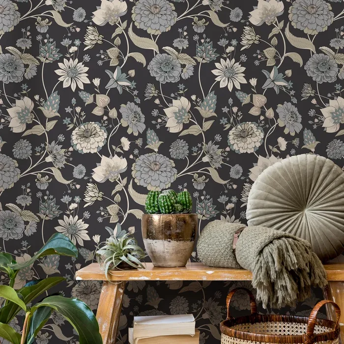 Floral Wallpaper With A Vintage Botanical Motif In Blue, Beige, And Teal – C329