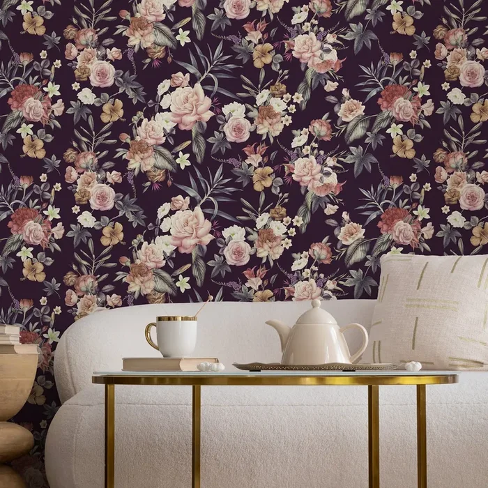 Floral Wallpaper With A Vintage Bouquet In Purple, Pink, And Red – A037
