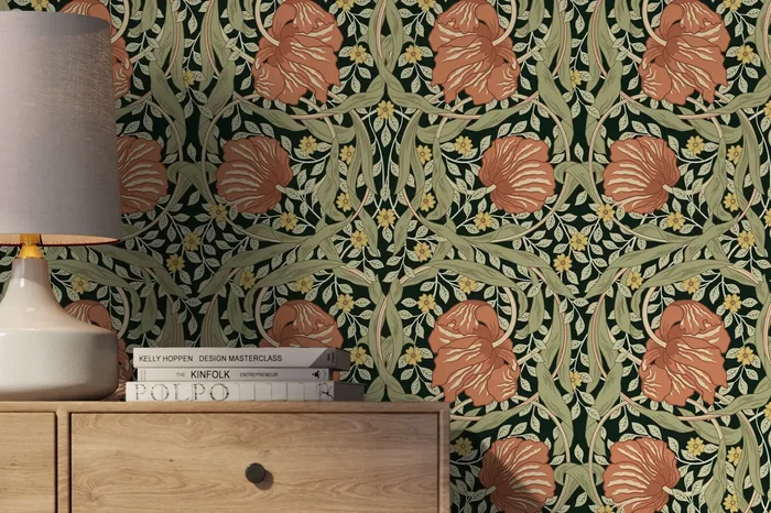 Floral Wallpaper With A Vintage Morris Style Motif In Green, Terracotta, And Yellow – D300