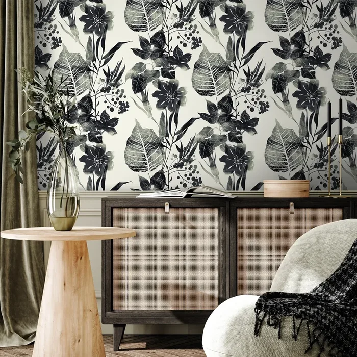 Floral Wallpaper With A Watercolor Motif Of Leaves And Berries In Black And White – D956