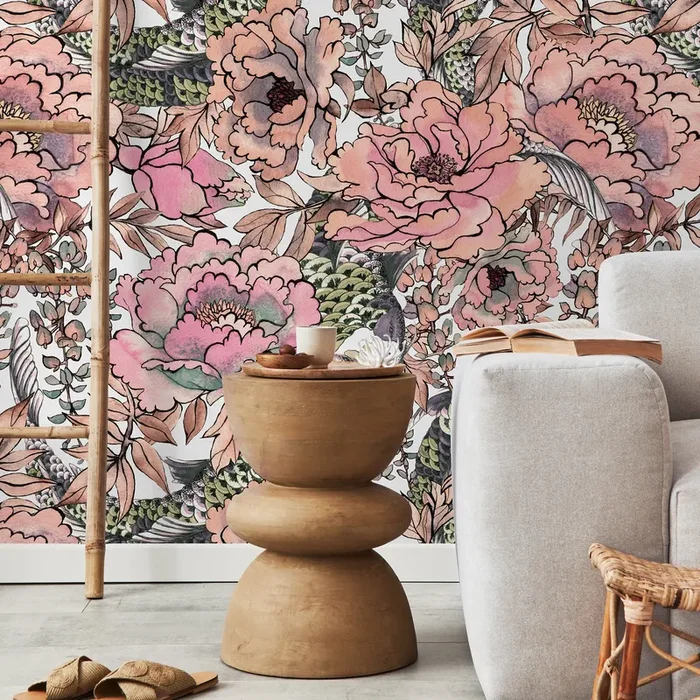 Floral Wallpaper With A Watercolor Peony And Peacock Motif In Pink, Green, And Brown – A615