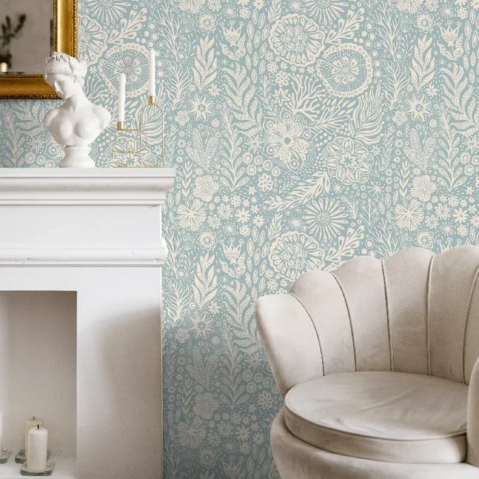 Floral Wallpaper With A Whimsical Folk Art Motif In Blue And Cream – C435