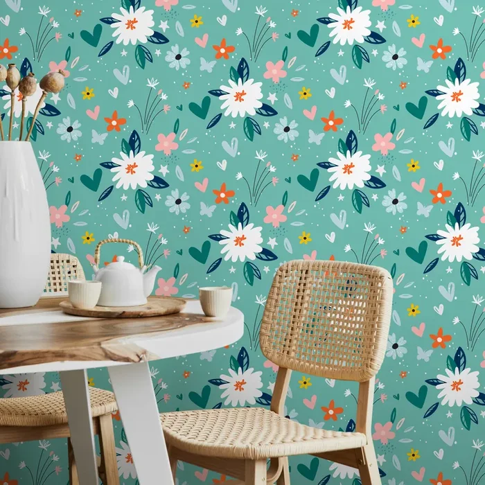 Floral Wallpaper With A Whimsical Meadow Motif In Teal, White, And Pink – B307