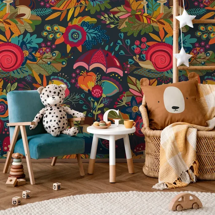 Floral Wallpaper With A Whimsical Motif In Red, Teal, And Orange – B399