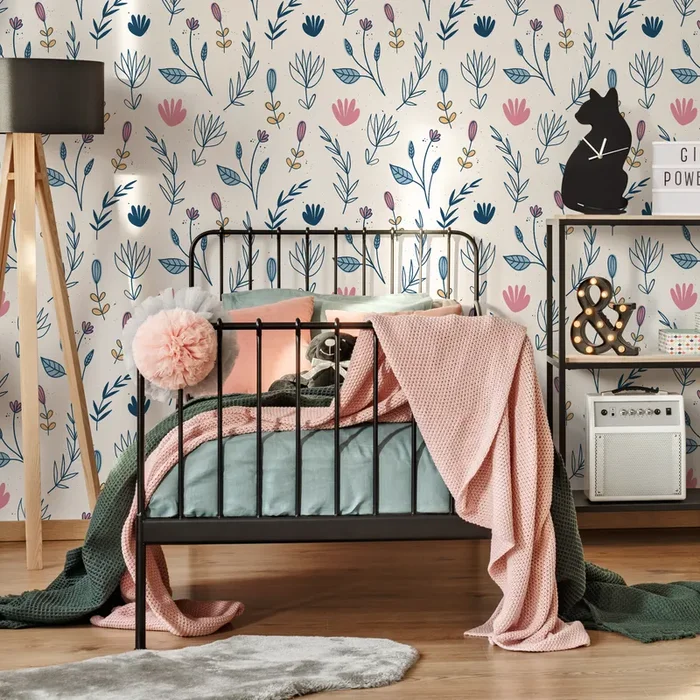 Floral Wallpaper With A Whimsical Wildflower Print In Blue, Pink, And Yellow – D271