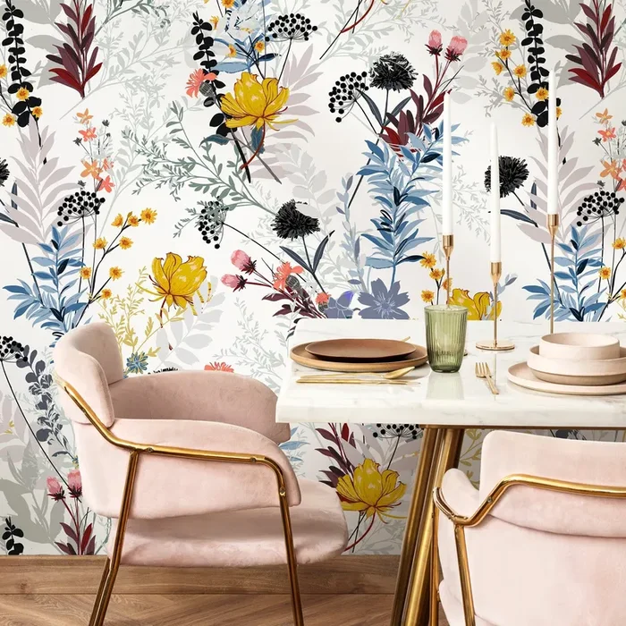 Floral Wallpaper With A Wildflower Meadow Motif In Yellow, Blue, And Red – B048