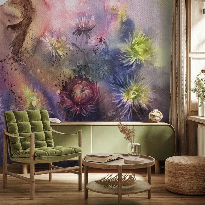 Floral Wallpaper With Abstract Aster Blooms In Purple, Pink, And Green – A313
