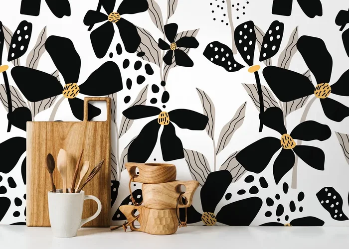 Floral Wallpaper With Abstract Flowers In Black, Taupe, And Yellow – D373