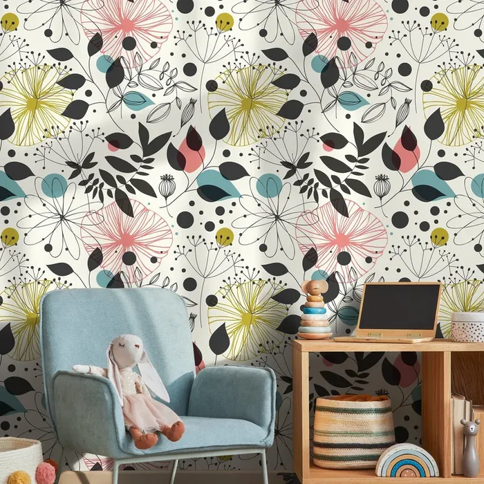 Floral Wallpaper With Abstract Scandinavian Blooms In Pink, Yellow, And Teal – A591