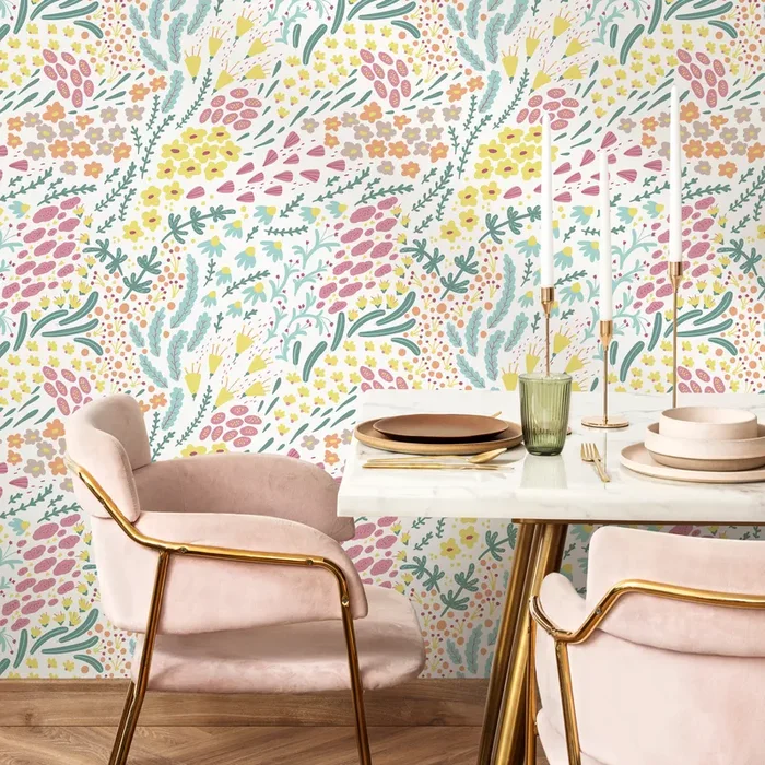 Floral Wallpaper With Abstract Wildflowers In Pink, Yellow, And Teal – B586