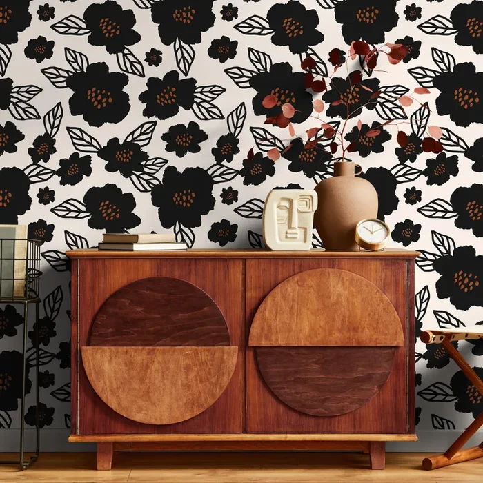Floral Wallpaper With Bold Stylized Blossoms In Black And Brown – B462